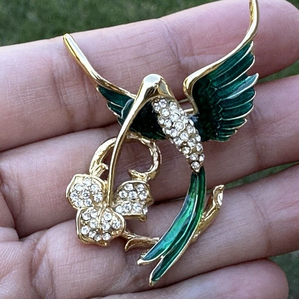 VTG Giovanni Brooch Pin 2" Hummingbird With Flower Rhinestone Enamel Gold Plated - Picture 5 of 6